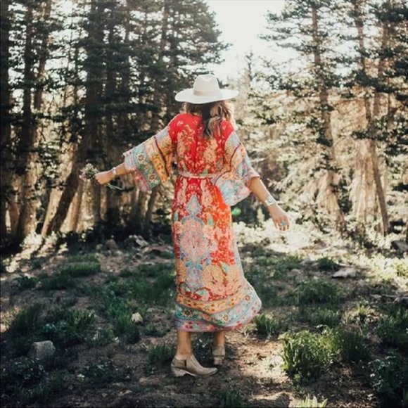 New Boho Floral Kimono Red Maxi Belted Dress - Picture 3 of 6
